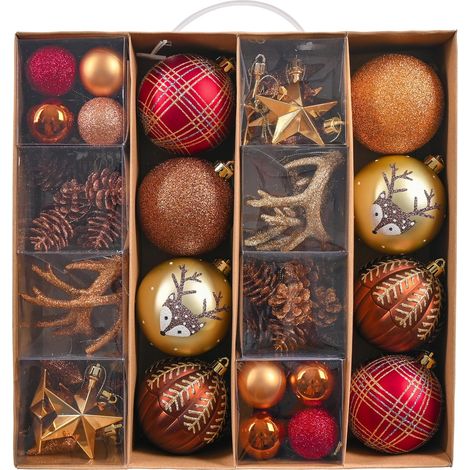 60pcs Boules de Noël, Cuivré, Doré et Rouge, Décoration de Boules pour Décor d'arbre de Noël, Décoration à Suspendre pour Sapin de Noël, Cadeau Emballé de Papier Kraft Magnifique (1/5)
