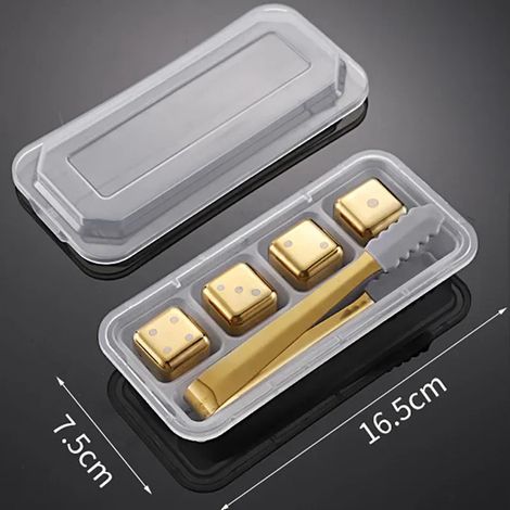 (Dés 4 pièces Clip doré) Pierres à whisky réutilisables, glaçons en acier inoxydable, refroidisseur à vin à congélation rapide, granules métalliques de qualité alimentaire, accessoires de bar pour ref (1/5)