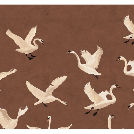 papier peint panoramique cygnes marron terracotta - ESTAhome