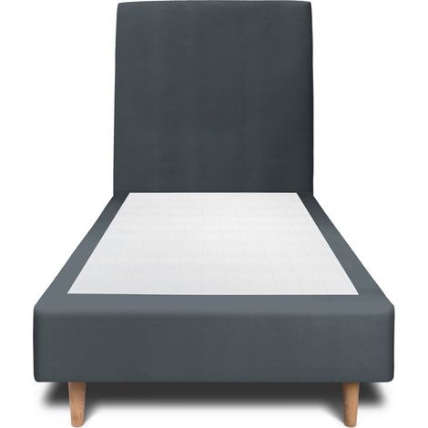 Lit 90x190cm avec tête de lit tapissier velours et sommier tapissier gris anthracite - Hauteur totale : 35cm (1/4)