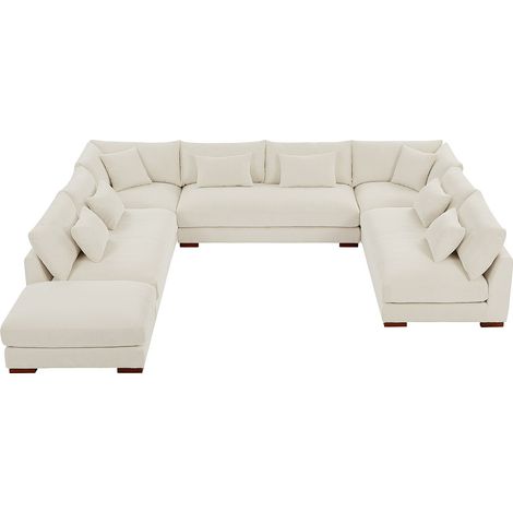 Grand canapé d'angle panoramique et pouf en velours côtelé beige SPERONE (1/4)