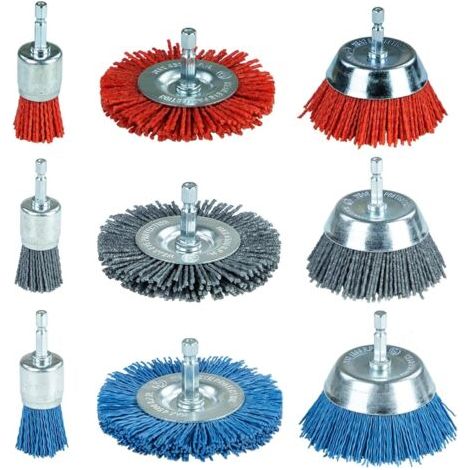 QORVA-Ensemble de 9 brosses en nylon à tige hexagonale de 6,35 mm (1/4") - Pour le perçage, l'élimination de la rouille et de la corrosion - 3 tailles pratiques et efficaces