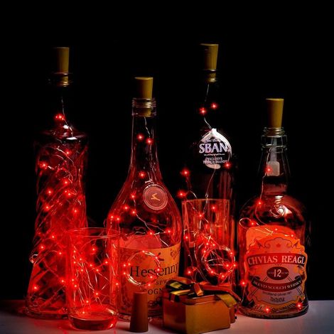 Guirlande lumineuse de 10 Boîteilles,alimentée par batterie,lumières décoratives en fil de cuivre pour Boîteilles de bricolage/bar/guinguette/mariage/Noël/fête (200cm 20LED Rouge) (1/4)