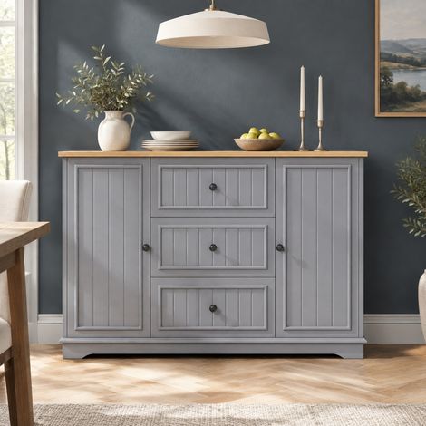 Buffet gris avec 3 tiroirs et 2 portes, MDF, 126 x 40 x 86 cm DESVIAE (1/5)
