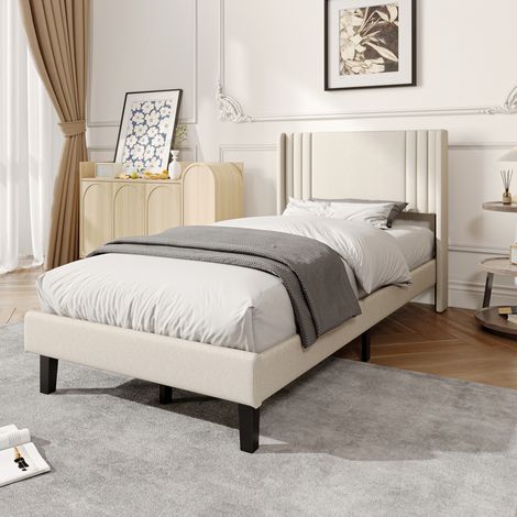 Lit simple 90x200 cm, lit 90x200 avec sommier, Tête de lit capitonné en lin beige, Convient aux adultes et aux adolescents, Capacité 360 kg, sans matelas (1/5)