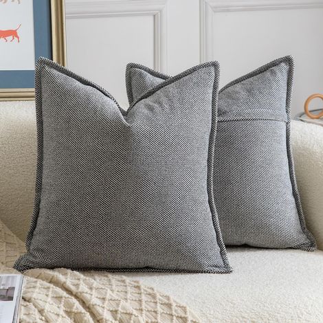 Lot de 2 Housses de coussin, Chenille, Bordure décorative, Doux, Salon Chambre, Noir Blanc, 45x45 cm