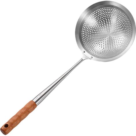 Grande écumoire en acier inoxydable avec manche en bois, écumoire robuste pour frire les raviolis et les pâtes, antirouille, compatible lave-vaisselle, passoire de cuisine L (1/5)