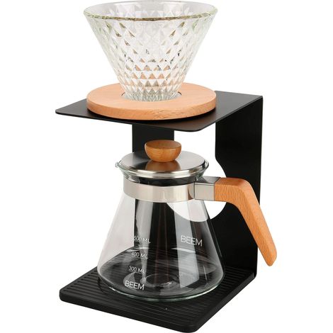 Beem Pour Over - Set di 4 tazze con filtro a mano in vetro effetto diamante, capacità 2, 0,5 l, con coperchio, struttura di alta qualità, base in silicone