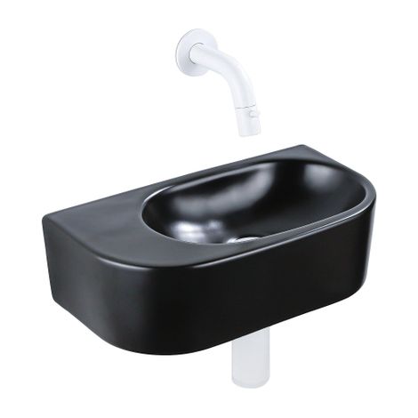 QeramiQ Fuente Ensemble de Lavabo - 40x21.5x12cm - lisse - demi-rond - céramique - ensemble de robinet blanc mat - bouchon de vidange - siphon abaissé