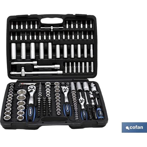 COFAN maletin 171 pcs profesional 1/2, 3/8 y 1/4 , Juego de carraca multiherramienta 171 piezas en maletín de plástico con cierre especial, incluyendo carracas, extensibles, acceso (1/4)