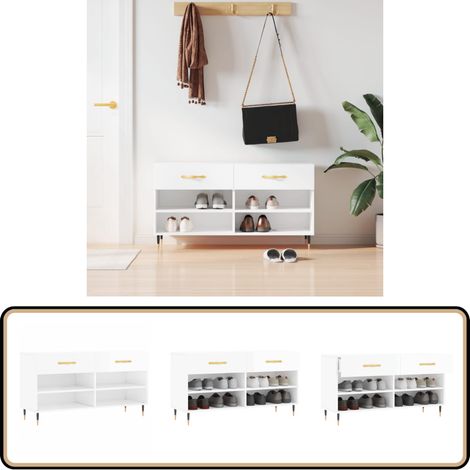 Banc à chaussures blanc brillant 102x35x55 cm bois d'ingénierie - Meuble Chaussure - Banc Chaussure - Rangemen Chaussures - Meuble Rangement - Rangement Entrée
