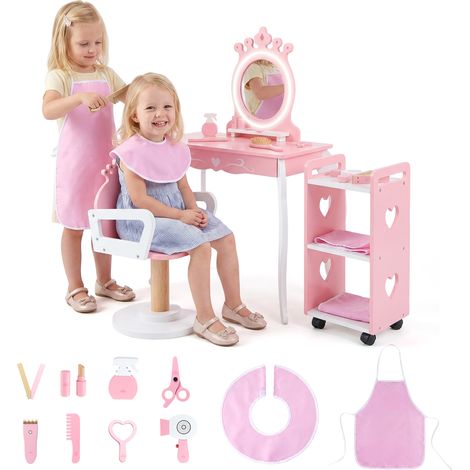 Meuble de Maquillage en Bois, Enfants de 3 à 7 Ans Coiffeuse, Enfants avec Miroir Lumineux, Chaises Pivotantes et Chariot, Ensemble de Coiffeuse (1/5)