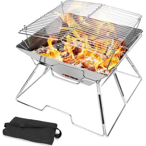 Foyer De Camping Pliable Pour Feu De Camp, Grille En Acier Inoxydable 304, Clip En Acier Inoxydable, Barbecue De Camping Portable Robuste Avec Sac De Transport Pour Feu De Joie, Camping, Pique (1/5)