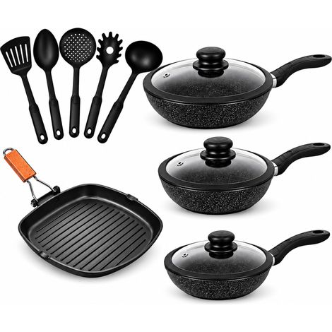 Set Batteria 12 Pz Con 3 Padelle 20/24/28 + coperchi + Bistecchiera quadrata 24x24cm + 5 mestoli (1/3)