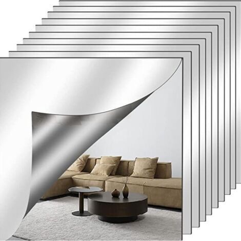 10Pcs Miroir Autocollant Miroir Adhésif Décoratif Miroir Carrés Argenté Amovible Mosaïque Décorative Auto-Adhésifs Salle (1/4)