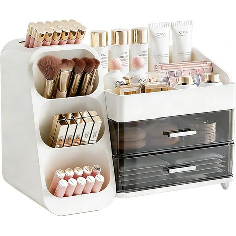 Organisateur de maquillage 3 en 1 avec tiroir - grande boîte de rangement cosmétique blanche 38 x 18 x 25 cm - pour le maquillage, les soins et les parfums (1/5)