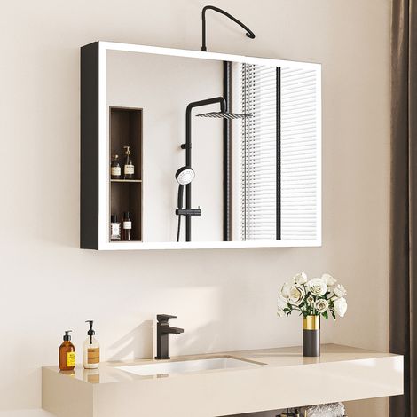 Spiegelschrank Bad mit Beleuchtung Schwarz Badezimmer Spiegelschrank mit Beleuchtung Badezimmerschrank mit Spiegel bad Hängeschränke mit 3 Einstellbare Lichtfarben + Beschlagfrei (80x60cm) (1/5)