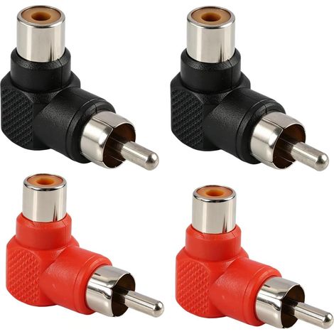 Lot de 4 adaptateurs RCA coudés 90°, Fiche mâle vers prise femelle, Connecteurs audio coudés pour chaîne HiFi, Ampli, Enceinte, Platine vinyle - Gain de place derrière les appareils, Contacts dorés (1/5)