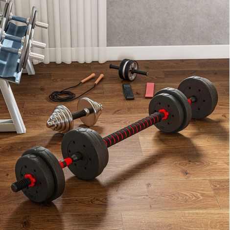 Set de mancuernas 2 en 1 de 15 kg, ajustable: mancuerna y barra, negro OKMYHOME (1/5)