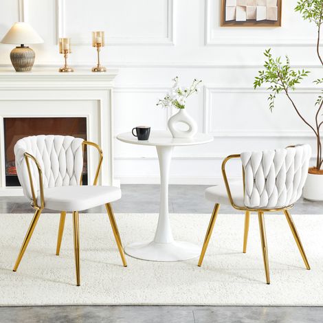 Chaise de salle à manger ergonomique dossier tressé, assise rembourrée, métal doré, beige (1/5)