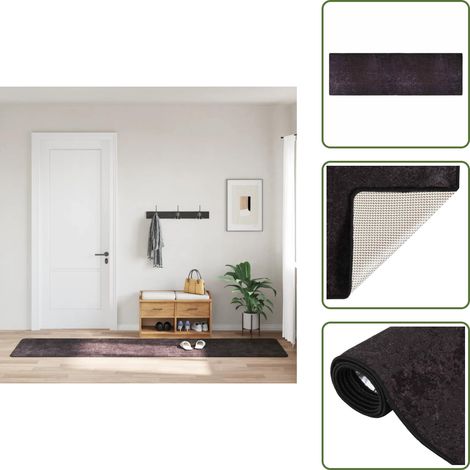 Teppich Waschbar 80x300 cm Anthrazit Rutschfest - Samt Teppich - Wohnzimmer Teppich - Flur Teppich - Anthrazit Teppich - Digitaldruck Teppich