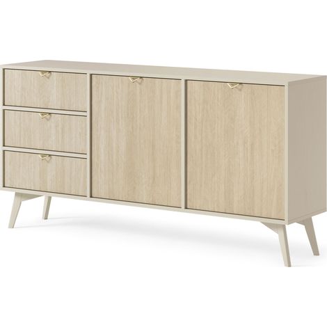 Cassettiera: Beige sabbia / Spina di pesce scandi, gambe in legnoe, 158 x 80 x 38 cm (1/5)