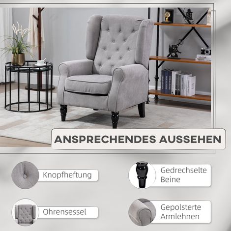 Fauteuil HOMCOM, fauteuil à oreilles avec coussins, capitonné, fauteuil à dossier haut avec pieds en bois, fauteuil relaxant pour salon, chambre, gris (1/5)