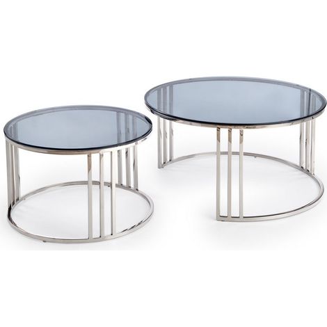 Ensemble de deux tables basses gigognes rondes avec plateaux en verre fumé et structure en acier chromé Salma (1/5)