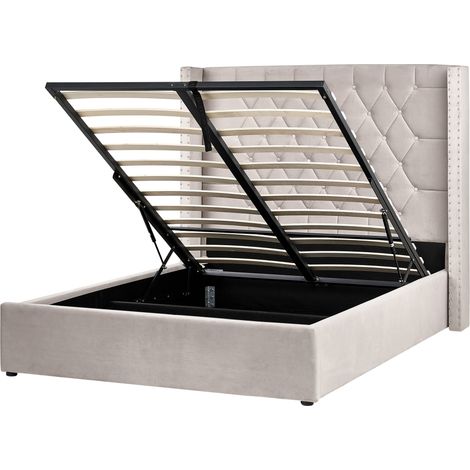 Cama con almacenaje de terciopelo 140 x 200 cm cabecero alto gris pardo Lubbon