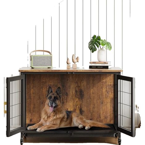 Caisse pour chien, cadre en bois et acier de haute qualité, 37,5 pouces de longueur, 25,6 pouces de hauteur, supporte des chiens jusqu'à 66 livres, roues à roulettes verrouillables (1/5)