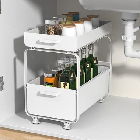 Panier de Rangement avec 2 tiroirs, Meuble sous-évier de cuisine à 2 étages, Etagère Coulissant pour Cuisine P40xL26xH40 cm, Blanc (1/4)