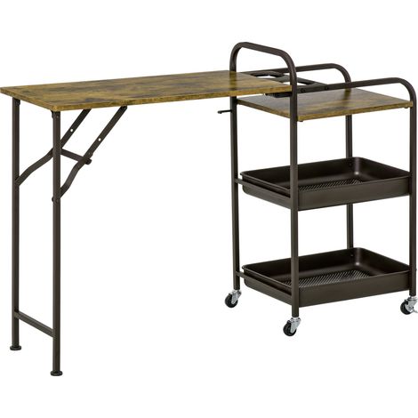 Chariot de cuisine 3 niveaux avec plan abattant et porte-gobelets 118x36.5x82 cm Marron rustique