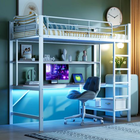 REDOM Cama alta 90x200 cm con barandilla, escalera, puertos USB y toma, luces LED, escritorio, estantes, metal blanco (Sin colchón)