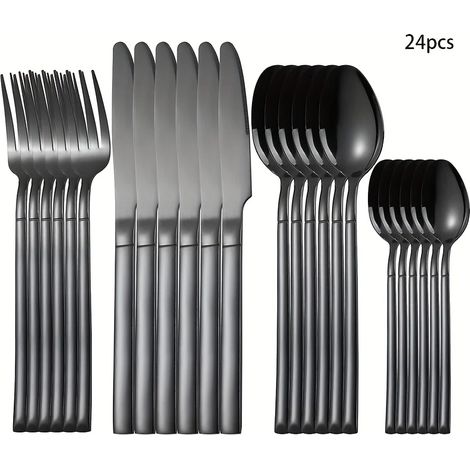 (Ensemble de couverts noirs) Couverts en acier inoxydable, comprenant un couteau à steak, une fourchette, une fourchette à dessert et une cuillère. (1/5)