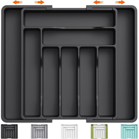 Range Couverts, Rangement Couvert Extensible et Ajustable pour Tiroir de Cuisine, Support de Rangement en Plastique pour Couverts, Cuillères, Fourchettes, Couteaux, Grand, Noir (1/5)