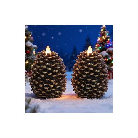 Lot de 2 bougies LED sans flamme en forme de pomme de pin avec minuterie 6 h, bougies piliers cireuses, bougie de Noël décorative en forme de gland vacillant, ambiance boisée pour la décoration d'auto (1/4)