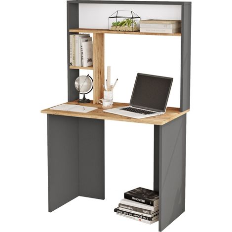 Schreibtisch Nicotera, 3 Regalböden, 4 Fächer, Braun, 90x52x149h cm, Eiche Knotenoptik