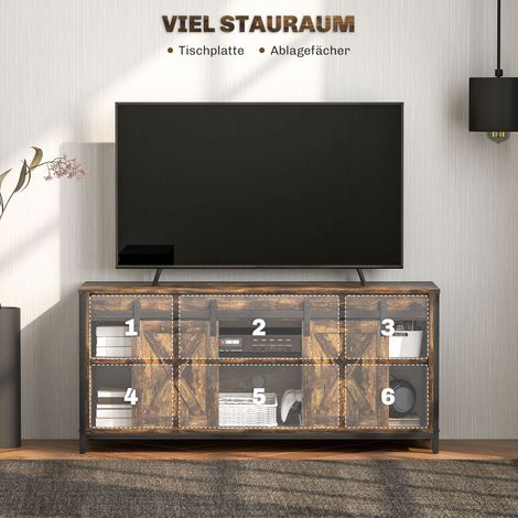 Meuble téléviseur bas style loft, pour écran 60 pouces, 6 rangements, 2 portes coulissantes, finition chêne/noir