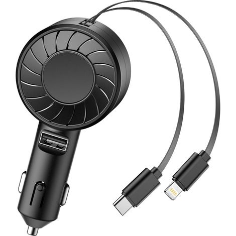 Cargador de coche retráctil - Mini cargador de coche 3 en 1 con cable retráctil (80 cm) y puerto USB, adaptador USB para encendedor de cigarrillos compatible con iPhone 15 Pro, iPad, Google Pixel,