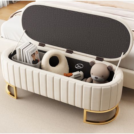Panca contenitore 120 x 39,9 x 43 cm in velluto beige OKMYHOME (1/5)