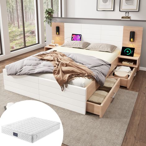 Lit double 140x200 cm avec matelas H3 sommier 2 tiroirs port USB et liseuse bois massif et MDF blanc et chêne (1/5)