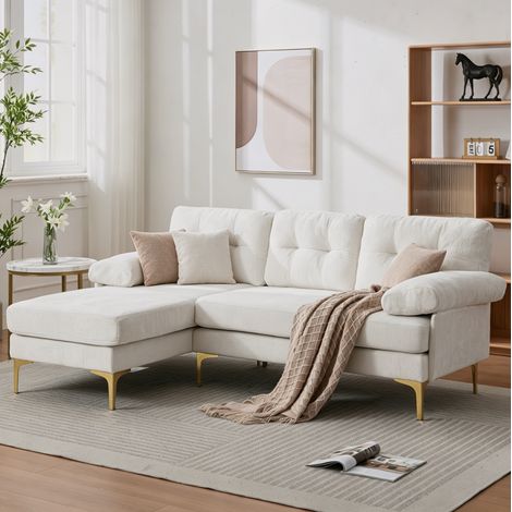 Canapé d'angle 187.5x130x79 cm beige en chenille avec méridienne réversible et accoudoirs rembourrés (1/5)