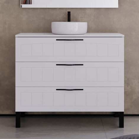Meuble de salle de bain 100cm avec plateau et vasque à poser ronde - 3 tiroirs - sans miroir - blanc - CALA (1/5)