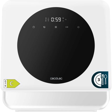 Kompakt-Geschirrspüler in Weiß mit 3 Maßgedecken, Klasse C, 6 Programmen und Touch-Control-Panel. Mit Funktionen wie Long Storage (Langzeitspeicherung) und Delay Start (Startverzögerung)