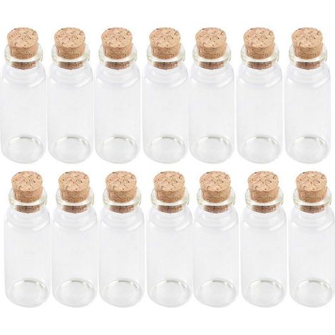 Lot de 20 mini bouteilles en verre avec bouchon de liège, transparentes, idéales pour conserver le thé ou pour emballer des petits objets. Parfaites pour la maison, les fêtes, le bureau ou les magasin (1/3)