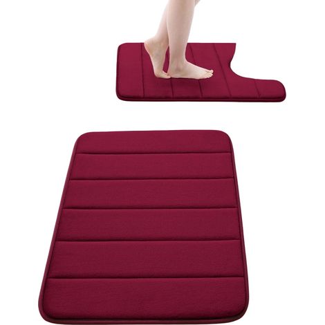Lot de 2 tapis de bain en mousse à mémoire de forme : un tapis de bain 61 x 41 cm et un tapis de toilette en forme de U 61 x 51 cm, antidérapants et absorbants, noirs (61 x 41 cm) et rouges (61 x 51 c (1/5)