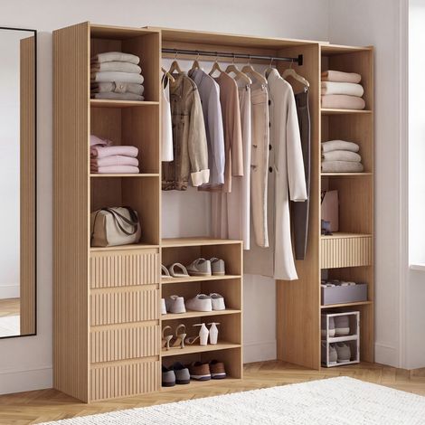 Armario empotrado extensible doble XXL JULIETTE 120/180 cm con efecto de listones de madera, con cajones, estantes y perchero (1/5)