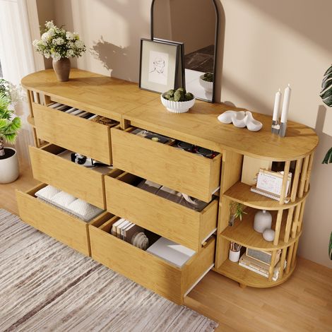 Buffet bas en bois 160 x 40 x 75 cm avec étagères ouvertes en bambou Commode 6 tiroirs, design romain, pieds réglables, Chêne (1/5)