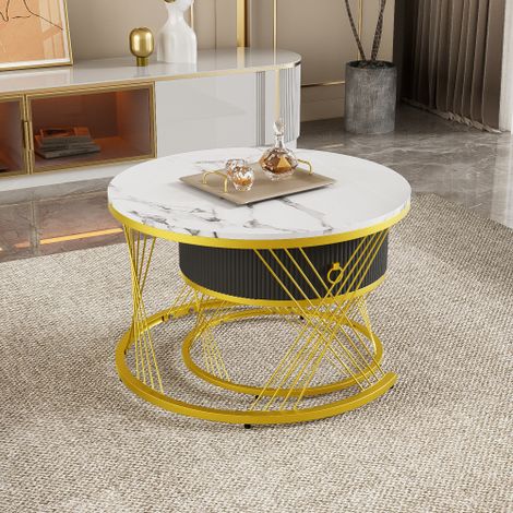 Élégante table basse modulable : Table d'appoint motif marbre avec tiroir — Ensemble de 2 pièces. (1/4)