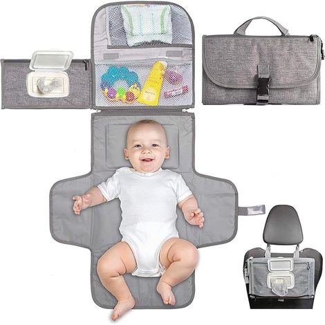 Matelas à Langer Bébé, Tapis à Langer Nomade Imperméable, Matelas à Langer de Voyage Portable avec Distributeur de Lingettes, Sac à Langers Pliable (1/5)